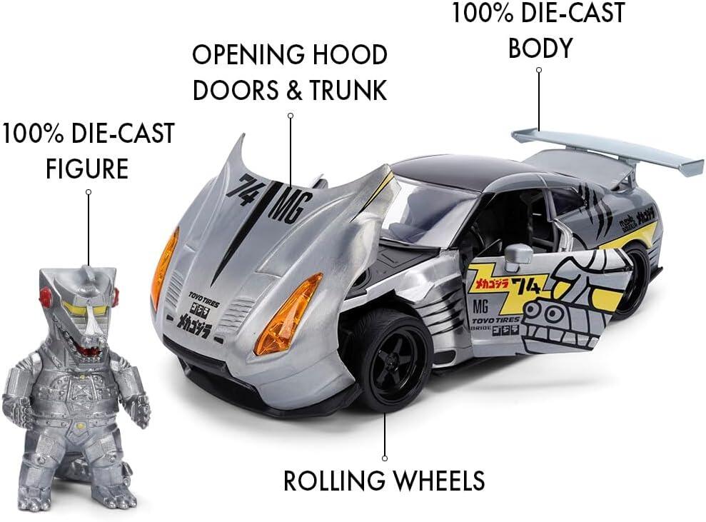 Gozilla Mechagodzilla with 2009 Nissan GT-R (R35) Ben Sopra 1:24 Scale Jada Hollywood Rides Die Cast Vehicle