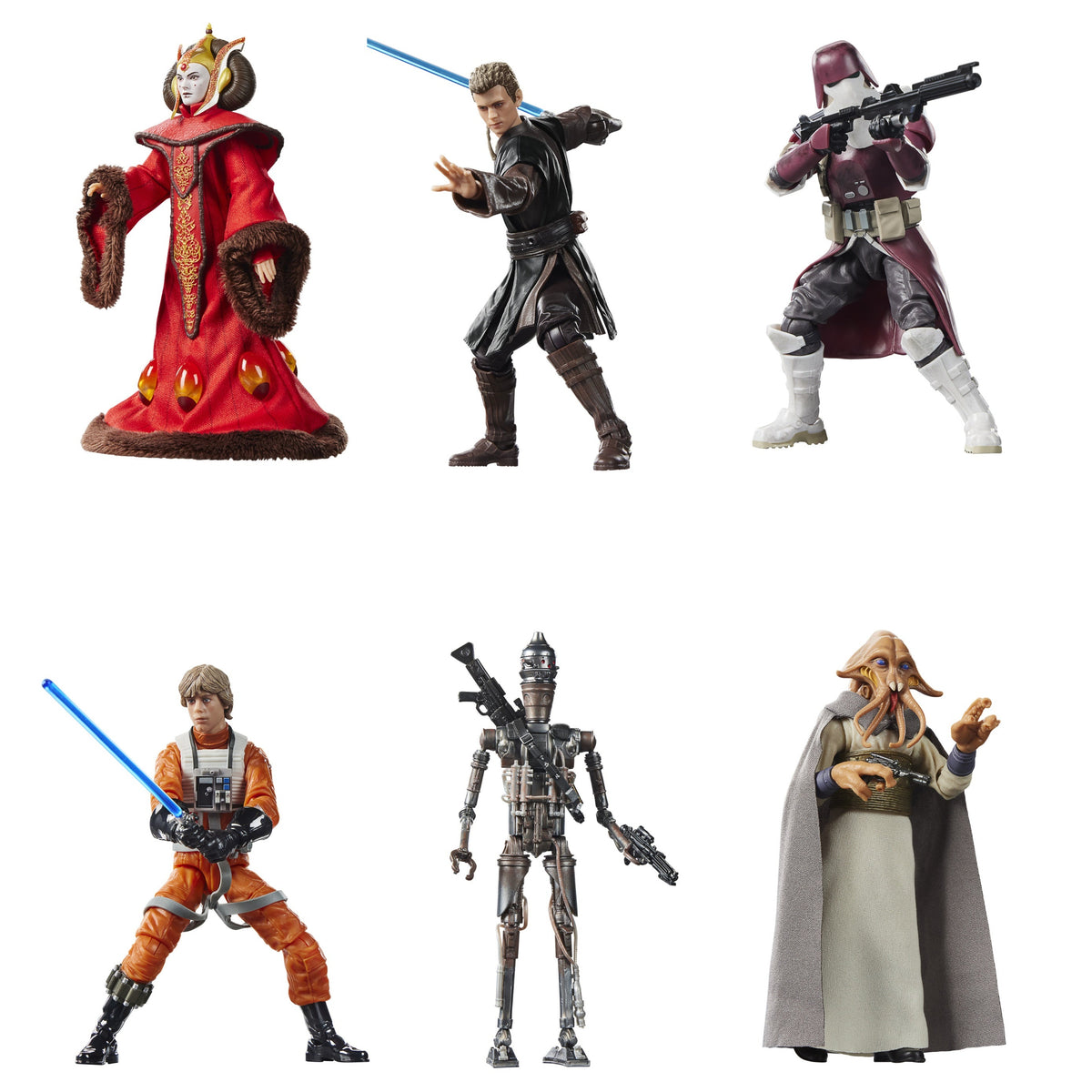 Six Star Wars action figures arranged on a plain white background: Queen Amidala in a red robe, Obi-Wan Kenobi with a blue lightsaber, a maroon-and-white assassin figure, a droid, and a gray-robed figure.