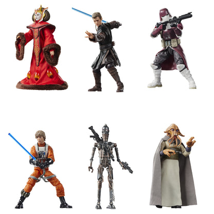 Six Star Wars action figures arranged on a plain white background: Queen Amidala in a red robe, Obi-Wan Kenobi with a blue lightsaber, a maroon-and-white assassin figure, a droid, and a gray-robed figure.